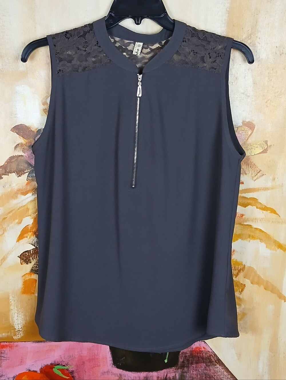 Moyabo Charcoal Gray Lace Trim Zipper Sleeveless Blouse Size XL